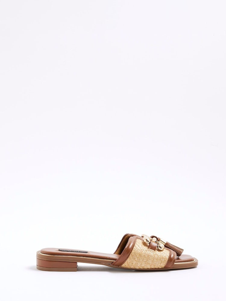 River Island Brown Raffia Snaffle Tassel Flat Mules - Image 1 of 4