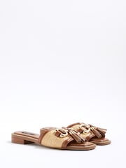 River Island Brown Raffia Snaffle Tassel Flat Mules - Image 2 of 4
