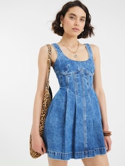 River Island Blue 100% Cotton Denim Seamed Mini Dress - Image 1 of 4