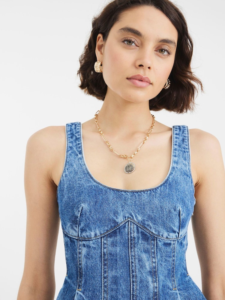 river island denim seamed mini dress Blue Denim Long Sleeve Seamed Mini Dress