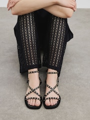 River Island Black Wide Fit Eyelet Strappy Flat Sandals - Image 1 of 6