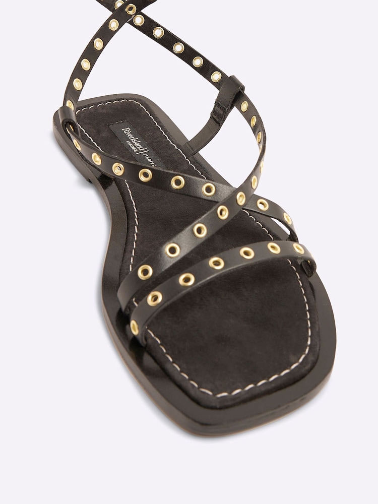 River Island Black Wide Fit Eyelet Strappy Flat Sandals - Image 6 of 6 River Island Black Wide Fit Eyelet Strappy Flat Sandals - Image 6 of 6