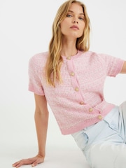 River Island Pink Short Sleeve Boucle Cardigan - Image 1 of 4