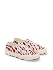 Superga 2750 Stripes Print Canvas Trainers - Off White/Red - Image 2 of 5