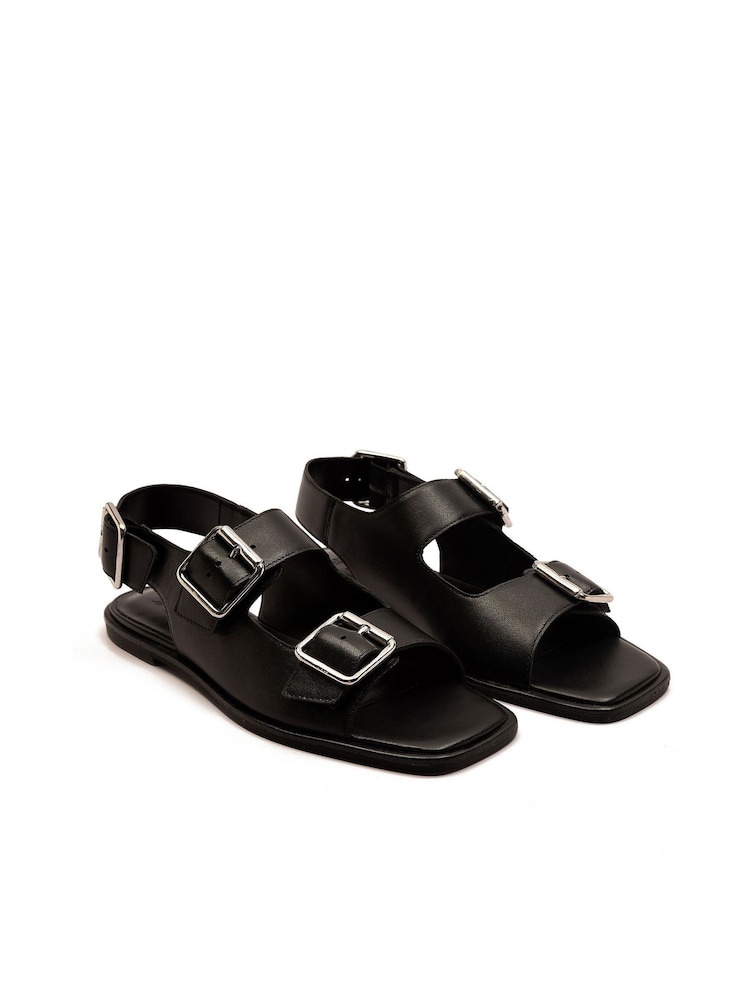 Off The Hook Black Baker Slingback Double Strap Leather Flat Sandals - Image 1 of 6