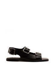 Off The Hook Black Baker Slingback Double Strap Leather Flat Sandals - Image 2 of 6