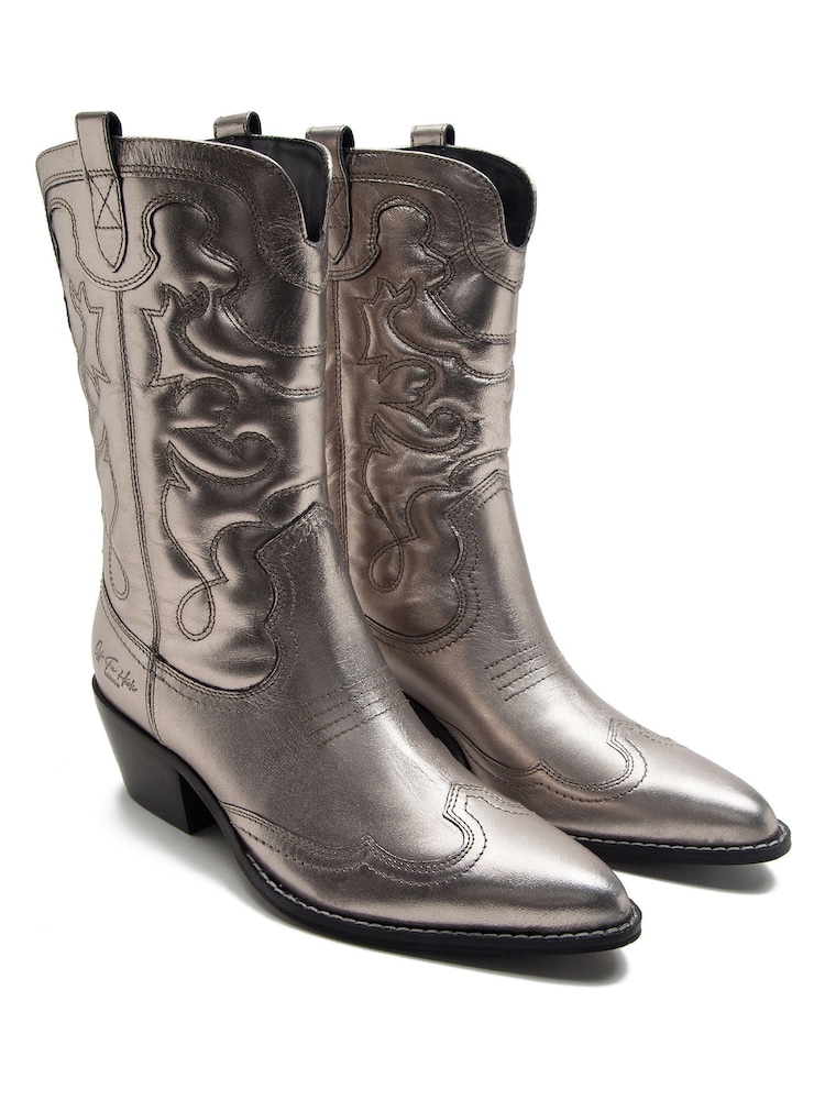 Off The Hook Silver Soho Leather Mid Calf Boots - Image 1 of 6