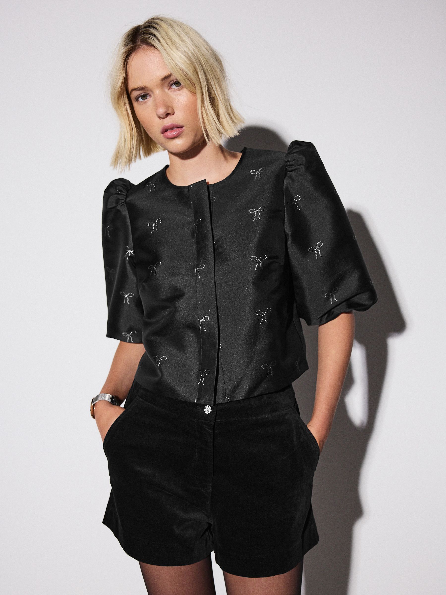 Buy Black Jacquard Bow Puff Sleeve Blouse from the Next UK online shop