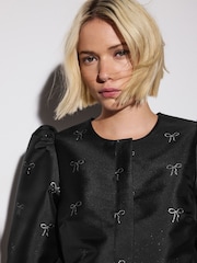 Black/Pink Jacquard Bow Puff Sleeve Blouse - Image 4 of 9