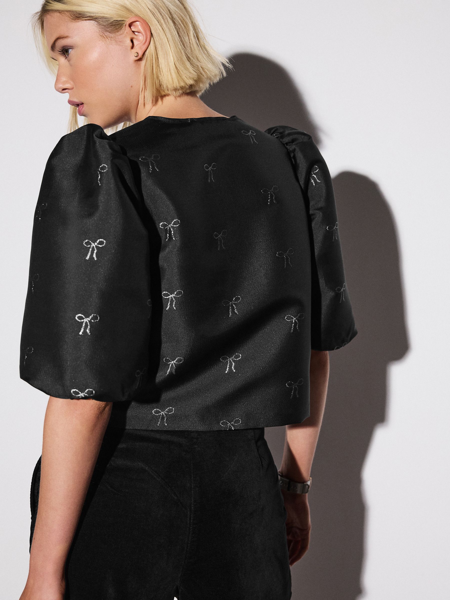 Buy Black Jacquard Bow Puff Sleeve Blouse from the Next UK online shop