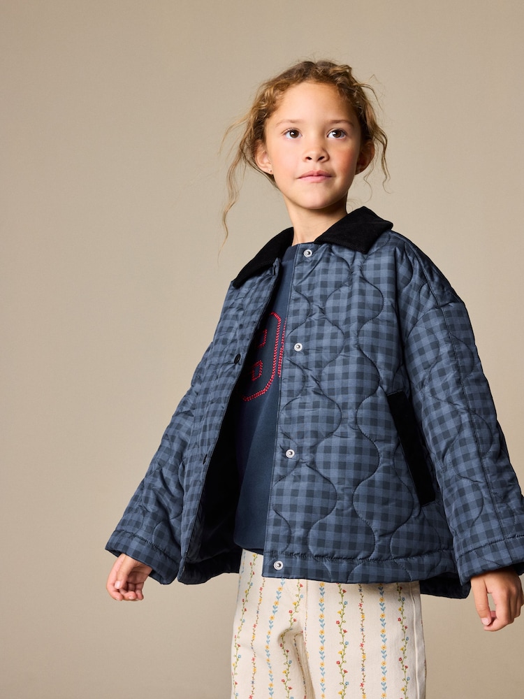 Navy Check Shower Resistant Quilted Barn Jacket (3-16yrs) - Image 2 of 9