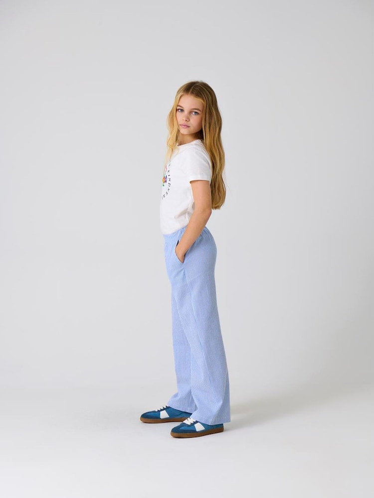 ONLY KIDS 100% Cotton Milla Wide Leg Stripe Blue Trousers - Image 1 of 4