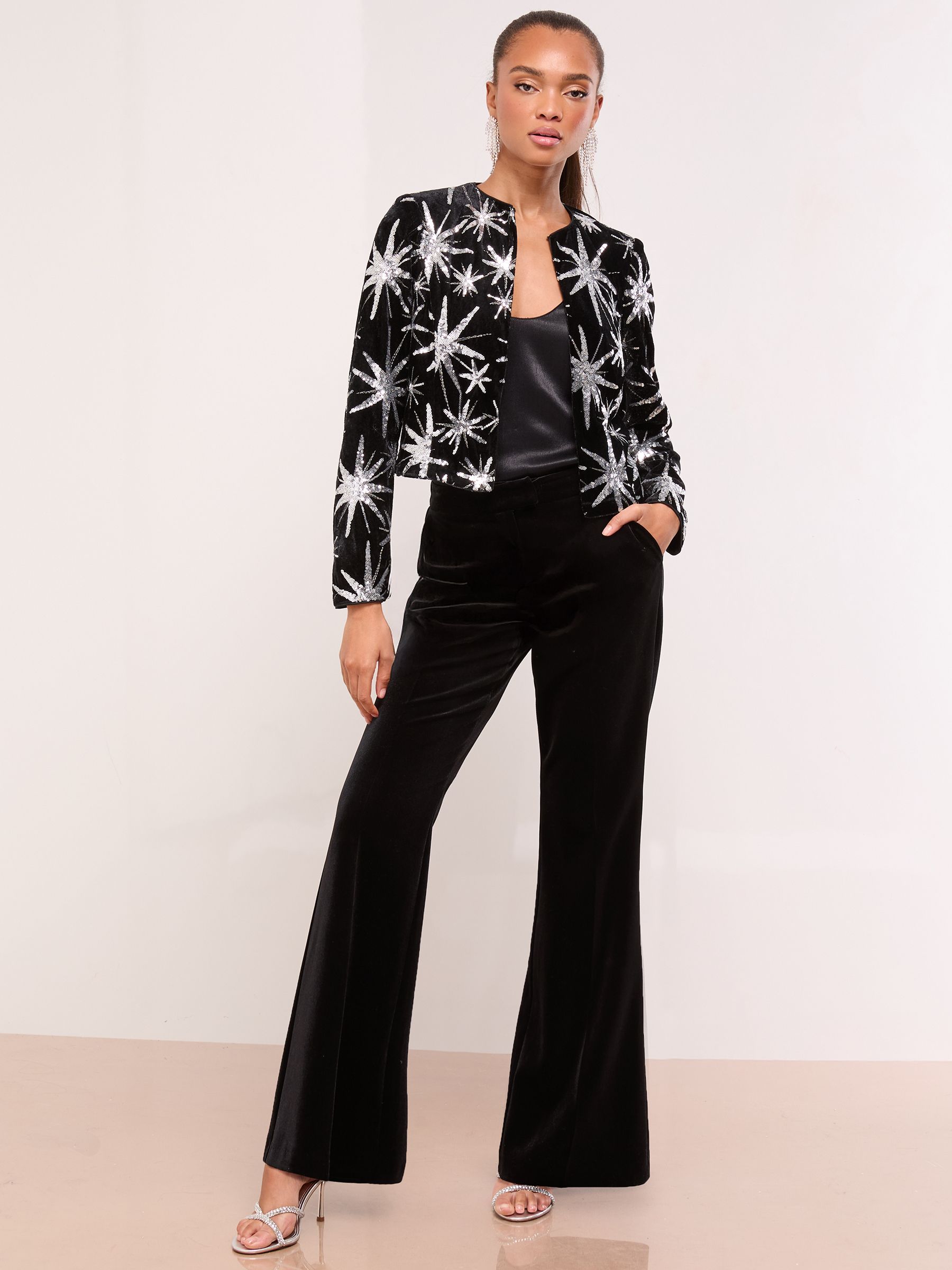 Buy Lipsy Black Velvet Sequin Star Detail Crop Jacket from the