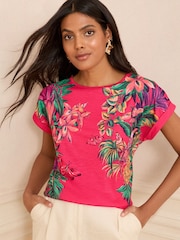 Love & Roses Pink Tropical Crew Neck Jersey T-Shirt - Image 1 of 4