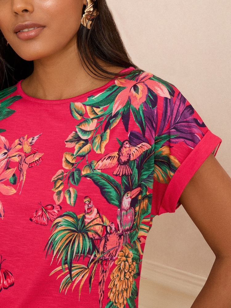 Love & Roses Pink Tropical Crew Neck Jersey T-Shirt - Image 2 of 4 Love & Roses Pink Tropical Crew Neck Jersey T-Shirt - Image 2 of 4