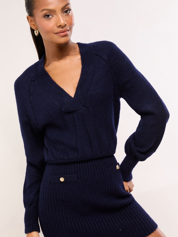 Lipsy Navy Blue Knitted With Wool V-Neck Blouson Buttoned Mini Dress - Image 2 of 4 Lipsy Navy Blue Knitted With Wool V-Neck Blouson Buttoned Mini Dress - Image 2 of 4
