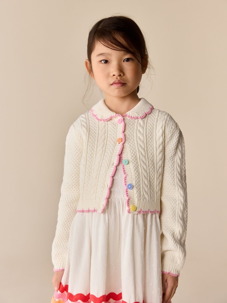 Little Bird by Jools Oliver Cream and Pink Scallop Collar Button Cardigan - Image 1 of 4