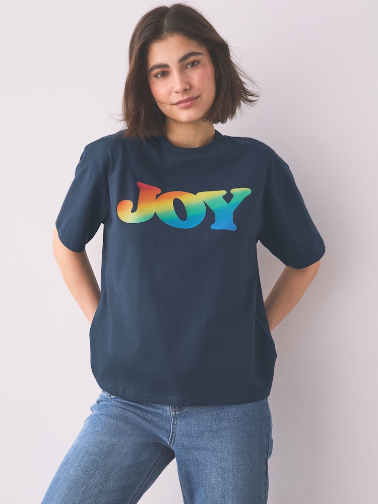 Little Bird by Jools Oliver Navy Happy Short Sleeve Slogan T-Shirt - Image 1 of 7