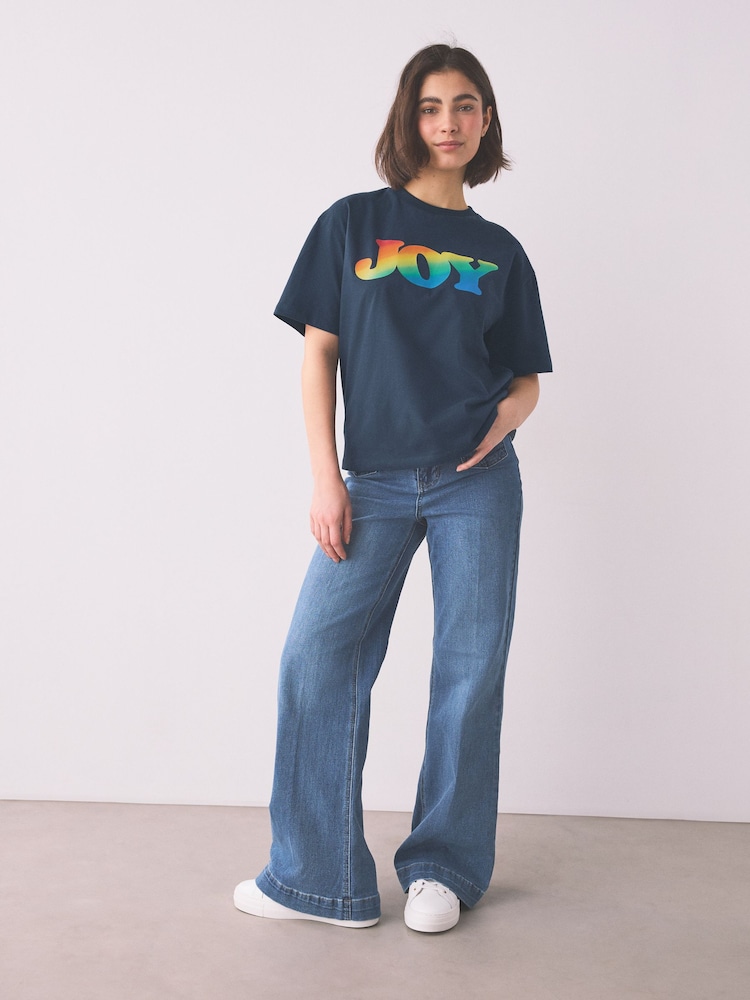 Little Bird by Jools Oliver Navy Happy Short Sleeve Slogan T-Shirt - Image 2 of 7