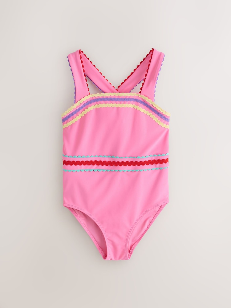 Little Bird by Jools Oliver Pink Ric Rac Cross Back Swimsuit - Image 1 of 5