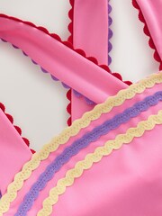 Little Bird by Jools Oliver Pink Ric Rac Cross Back Swimsuit - Image 4 of 5
