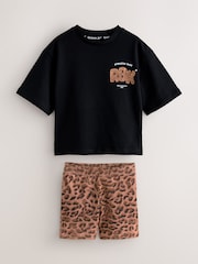 Reebok Leopard Animal Print Short Sleeve T-Shirt and Printed Cycling Shorts Set - Image 1 of 4