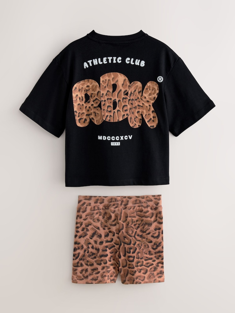 Reebok Leopard Animal Print Short Sleeve T-Shirt and Printed Cycling Shorts Set - Image 2 of 4