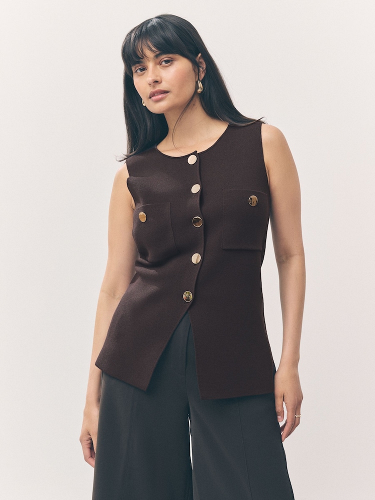 Brown Chocolate Smart Knitted Button Waistcoat Top - Image 1 of 8