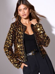 Lipsy Black Boucle Gold Sequin Crop Jacket - Image 1 of 5