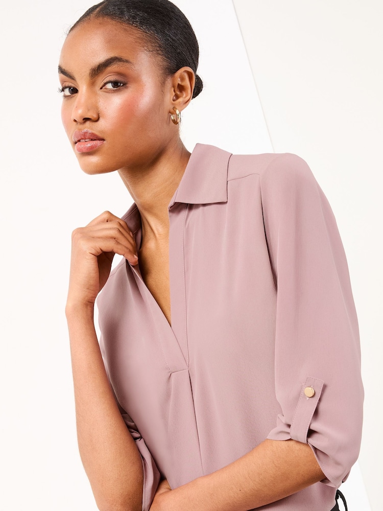 Lipsy Blush Pink V-Neck 3/4 Sleeve Collared Blouse - Image 1 of 4 Lipsy Blush Pink V-Neck 3/4 Sleeve Collared Blouse - Image 1 of 4