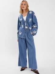 Accessorize Blue Floral Embroidered Chambray Tie 100% Cotton Jacket - Image 1 of 4