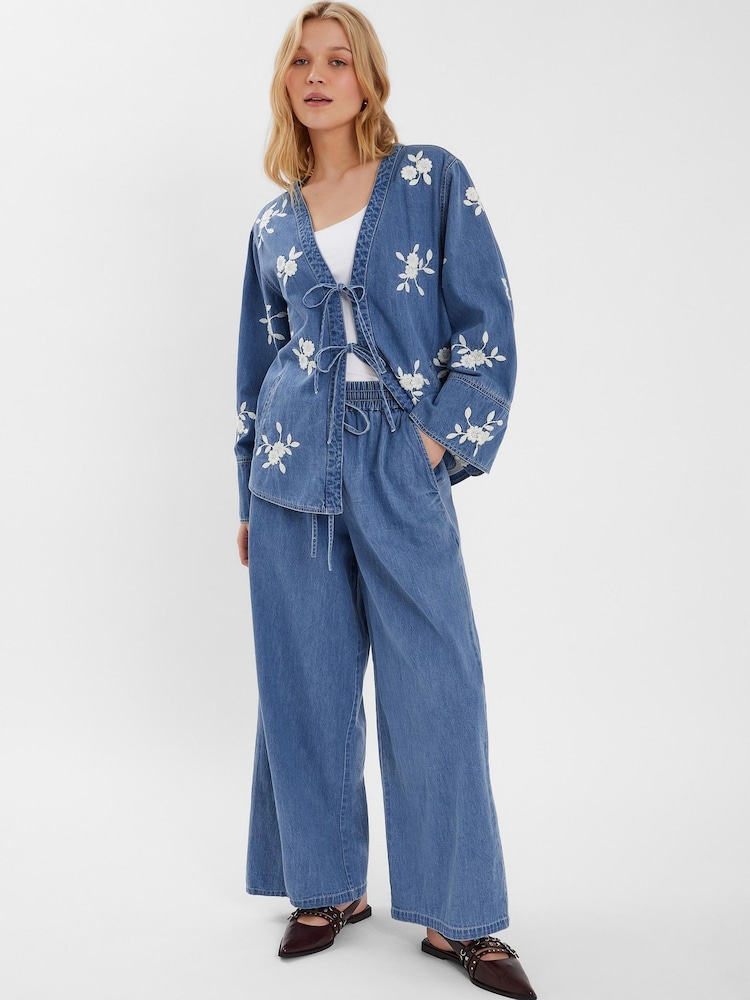 Accessorize Blue Floral Embroidered Chambray Tie 100% Cotton Jacket - Image 1 of 4