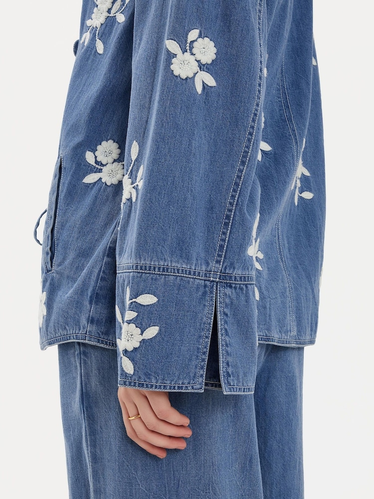 Accessorize Blue Floral Embroidered Chambray Tie 100% Cotton Jacket - Image 2 of 4