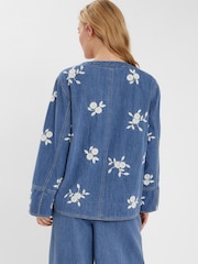 Accessorize Blue Floral Embroidered Chambray Tie 100% Cotton Jacket - Image 3 of 4