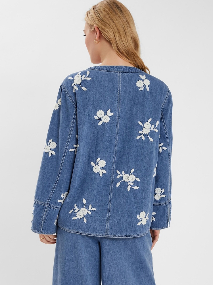 Accessorize Blue Floral Embroidered Chambray Tie 100% Cotton Jacket - Image 3 of 4