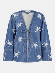 Accessorize Blue Floral Embroidered Chambray Tie 100% Cotton Jacket - Image 4 of 4