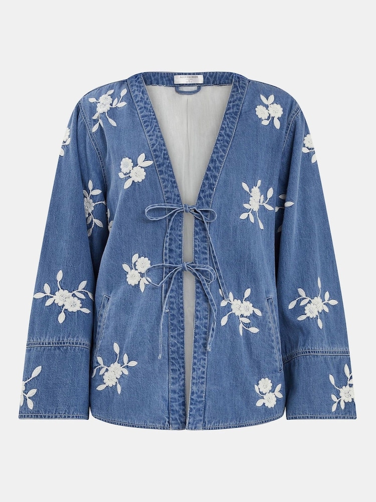 Accessorize Blue Floral Embroidered Chambray Tie 100% Cotton Jacket - Image 4 of 4