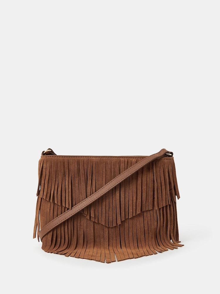 Accessorize Natural Suede Fringe Crossbody Bag - Image 1 of 2