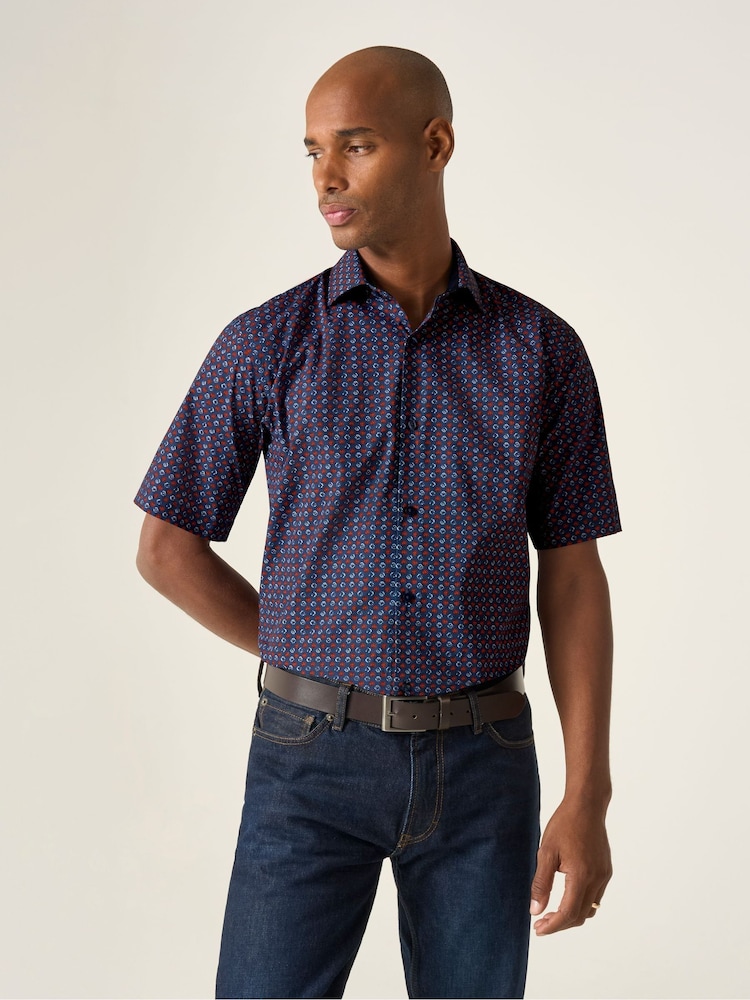 Skopes Blue Circle Print 100% Cotton Short Sleeve Regular Fit Shirt - Image 1 of 5 Skopes Blue Circle Print 100% Cotton Short Sleeve Regular Fit Shirt - Image 1 of 5