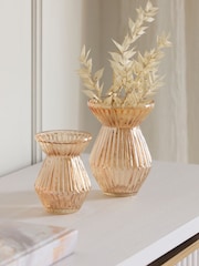 Set of 2 Orange Ribbed Glass Vases - Image 1 of 3
