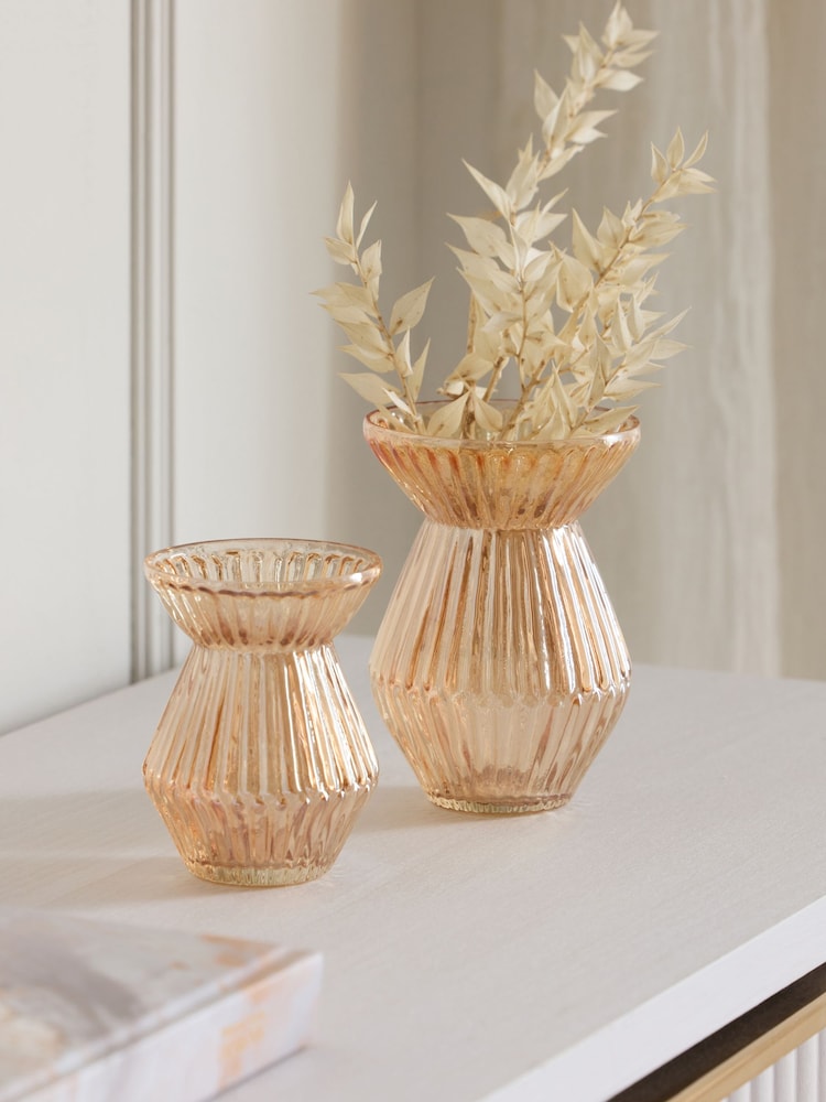 Set of 2 Orange Ribbed Glass Vases - Image 1 of 3