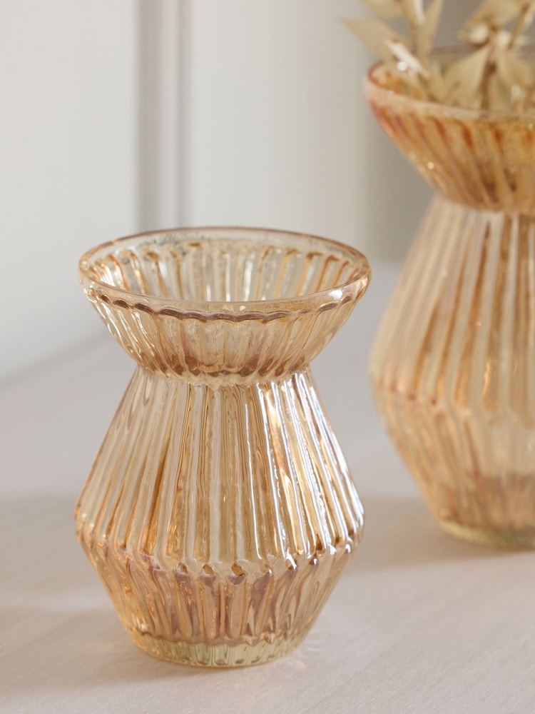 Set of 2 Orange Ribbed Glass Vases - Image 2 of 3