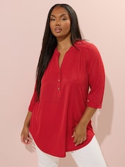 Yours Curve Red Half Placket Ribbed Blouse - Image 1 of 5