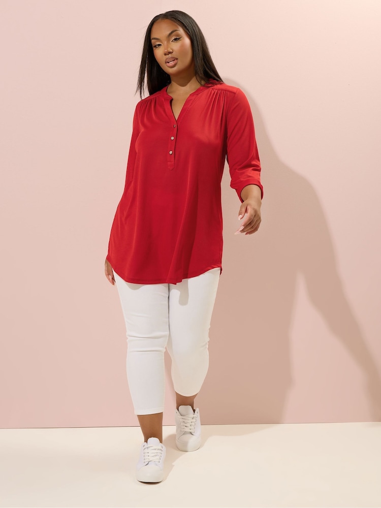 Yours Curve Red Half Placket Ribbed Blouse - Image 2 of 5