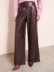 Friends Like These Berry Red Faux Leather Pleated Wide Leg Trousers - Image 1 of 5