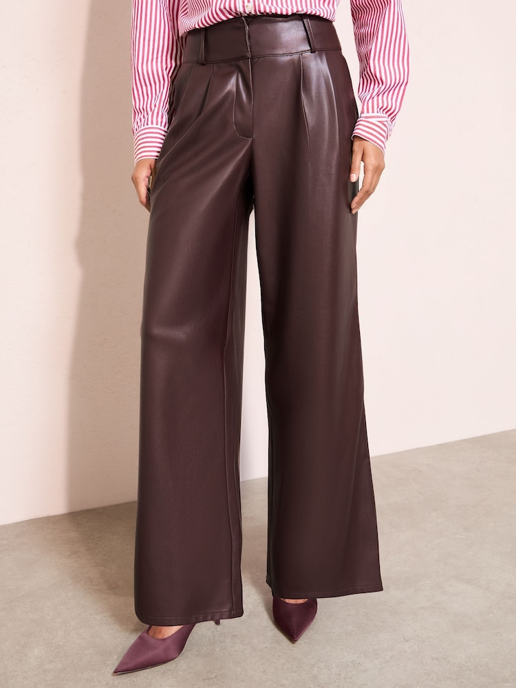 Friends Like These Berry Red Faux Leather Pleated Wide Leg Trousers - Image 1 of 5