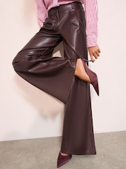 Friends Like These Berry Red Faux Leather Pleated Wide Leg Trousers - Image 4 of 5