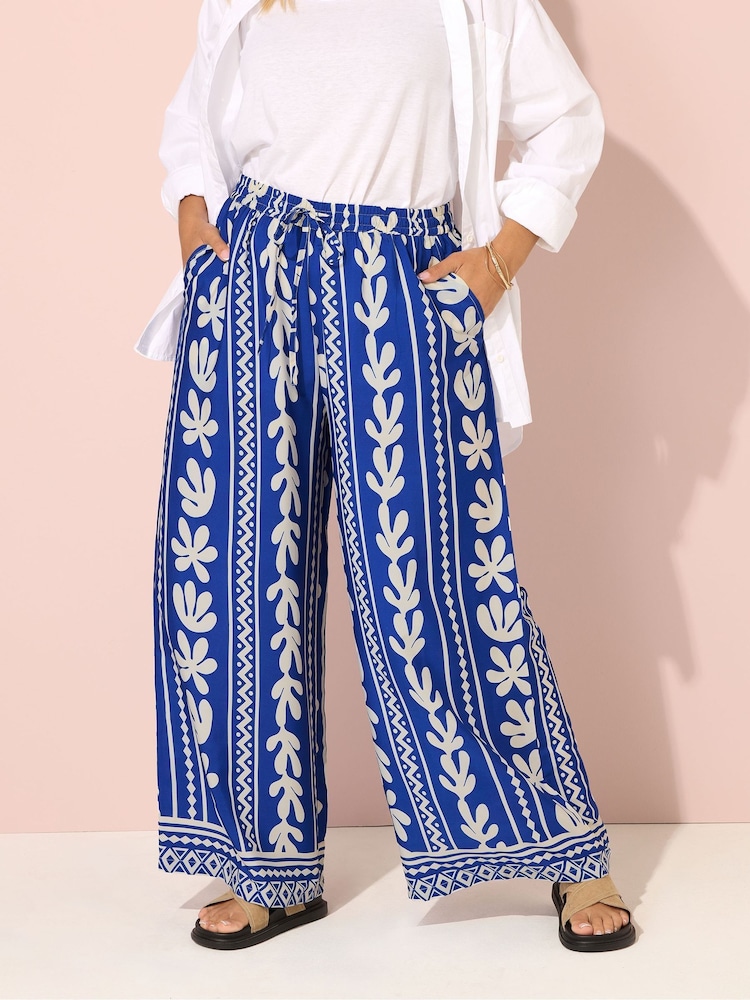 Yours Curve Blue Crinkle Wide Leg Trousers - Image 1 of 5