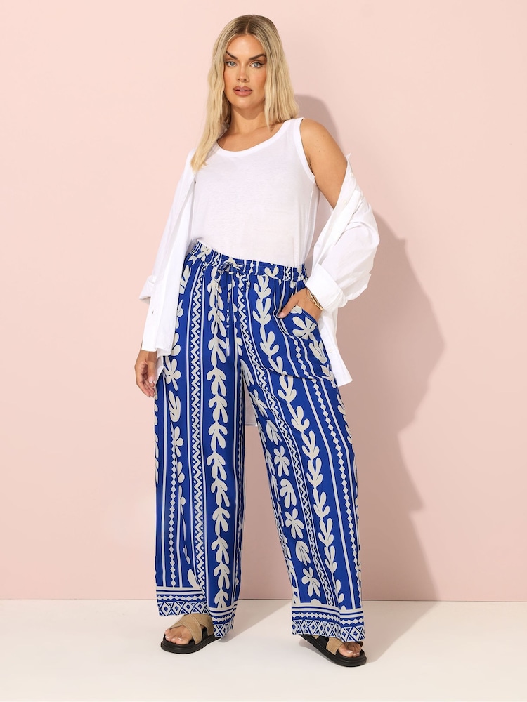 Yours Curve Blue Crinkle Wide Leg Trousers - Image 2 of 5