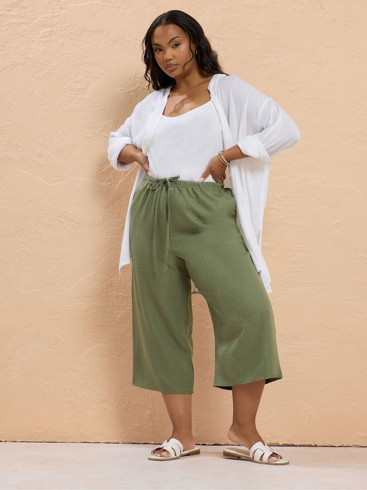 Yours Curve Green Linen Look Skinny Cropped Trousers - Image 1 of 4
